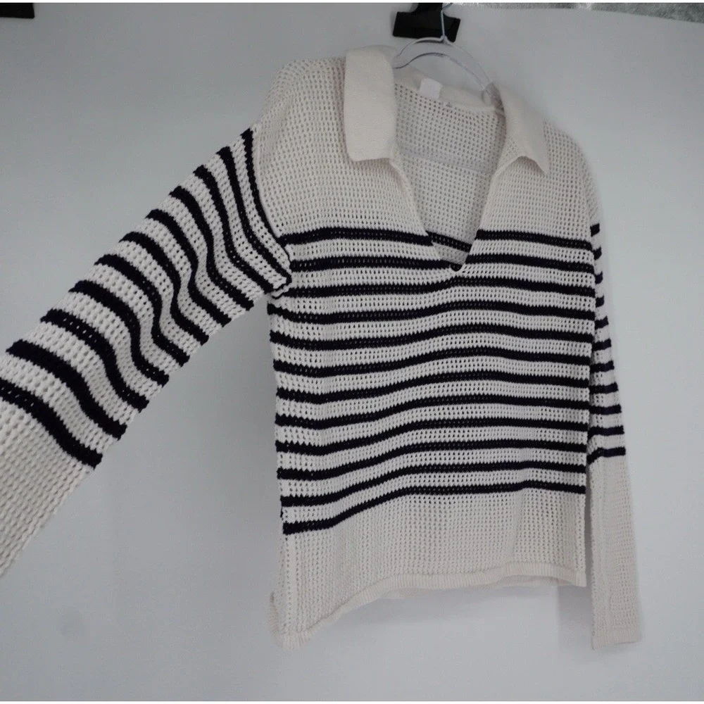 GAP Womens Sweater Relaxed Stripe White and Blue Crochet Collared Nautical M